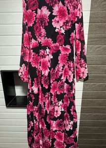 Black And Pink Floral Anarkali With Dupatta