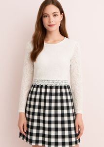 Chic White Lace Top & Plaid Skirt