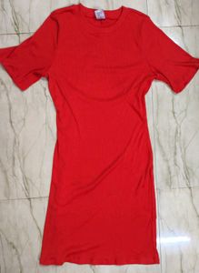 Red Ribbed Knit T-Shirt Dress