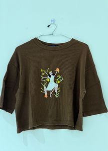 Brown Embroidered Crop Top