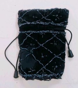 Black Beaded Drawstring Potli Bag Pouch