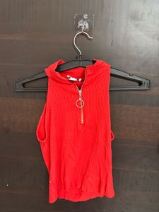 Red Ribbed Zipper Tank