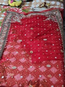 Orange Net Saree With Stone Work