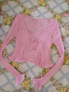Pink Tie up Ribbed Top