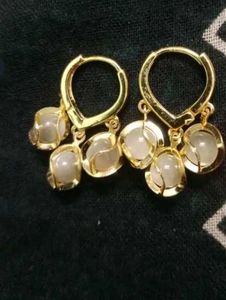 Gold Hoop Earrings with Moonstone Charms