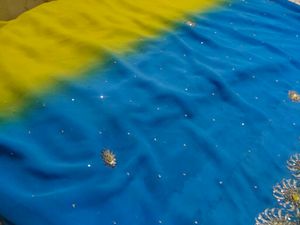 Original Georgette Blue &amp; Yellow Sari