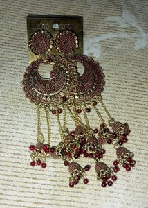 Burgundy Beaded Jhumka Earrings