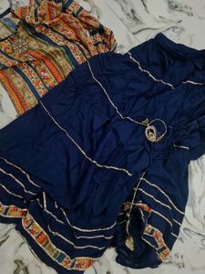 Indian Print Top & Blue Skirt Set