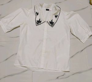Embroidered Collar White Shirt