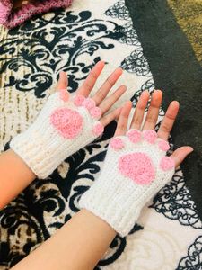 White Fingerless  Cat Paw Gloves