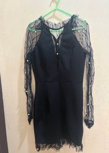 SHEIN Black Pearl-Embellished Mesh Sleeve Bodycon