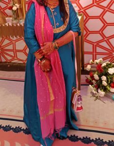 Elegant Teal Ethnic ball heavy ghera Gown Dupatta