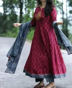 Tomato Red Kurti Set With Bottom And Duppata
