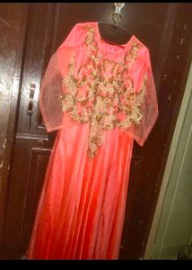 Women Embroidary Party Wear Neon Orange Gown