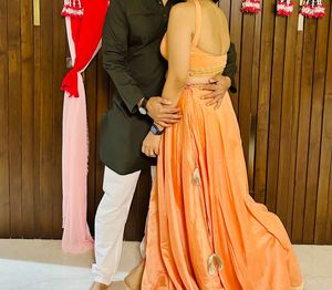 Peach Halter Crop Top &amp; Skirt Set With A Jacket