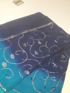 Saree Navy Blue+SkyBlue Sequence Work Floral Print