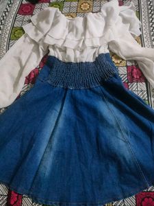 Denim Skirt &amp; Ruffle Blouse Set