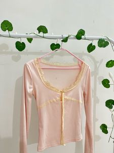 Pink Lace Trim Long Sleeve Top