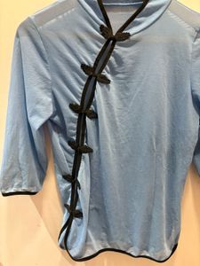 Beautiful Blue Mandarin Collar Mesh Top