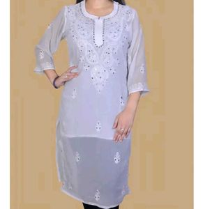 White Embroidered mirror chikankari Kurta (White)