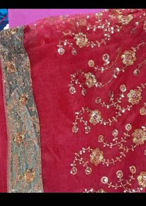 Red &amp; Gold Embroidered Fabric Saree