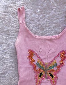 Pink butterfly Embroidered Tank Top