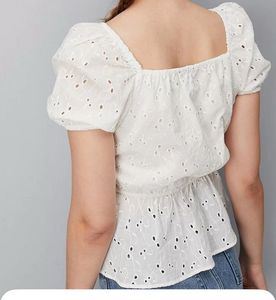 Sweetheart Neck Puffed Sleeves Pure Cotton Top
