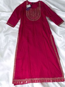 Royal Pink Kurta With Mirror Work Golden Embroider