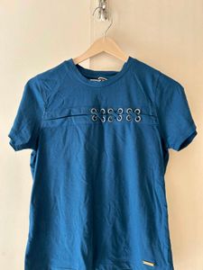 Teal Blue Eyelet Detail T-Shirt