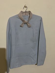 office Wear Sea Green Colour Top With Ribbon Neck