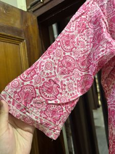 Pink Printed Cotton Kurti with Embroidered Neck XL