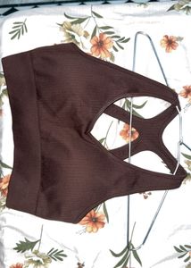 Brown Ribbed Sports Bra