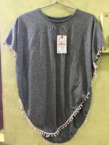 Gray Pom-Pom Trim Cape Top