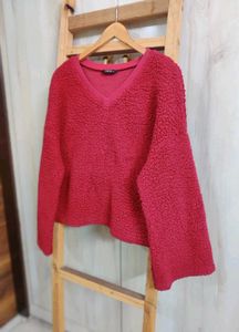 Red V-Neck woolen Plush Top size-42