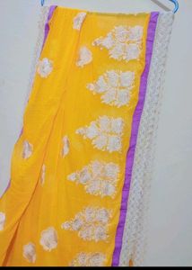 Yellow Color Dupatta White Floral Embroidry Work