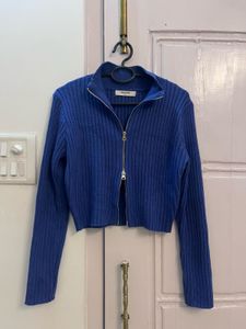 8Seconds Blue Double Way Zip-Up Ribbed Knit Cardig