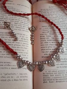 Silver Necklace With Red Silk Thread Dori.