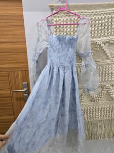 Blue Smocked Midi Dress