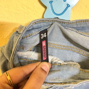 Blue Denim Ripped Jeans Ankle Length