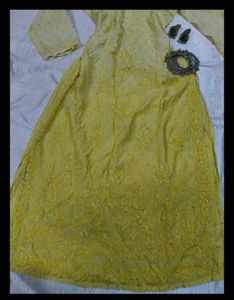 Yellow Embroidered Chinakri  Kurti