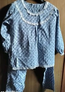 Clovia Rich cotton blue floral lace night suit