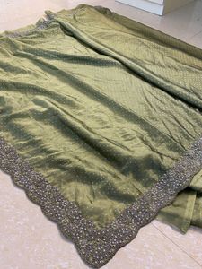 Pista olive green work saree - blouse piece