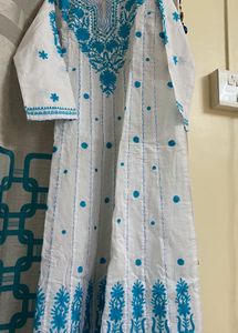 White &amp; Blue Embroidered Kurti Dress