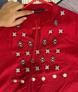 Red Embroidered Tunic Dress