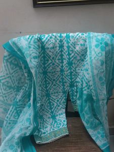 Teal & White Printed Salwar Kameez