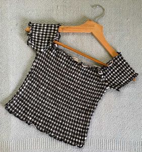 Korean Gingham Smocked Off-Shoulder Top