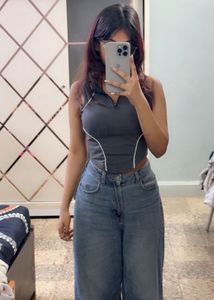 Grey Zip Up Sleeveless Top