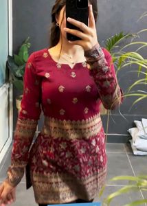 Maroon Jewish Cotton Printed Short Kurti