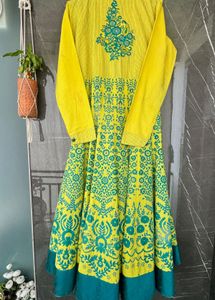 Yellow &amp; Teal Floral Anarkali Dress