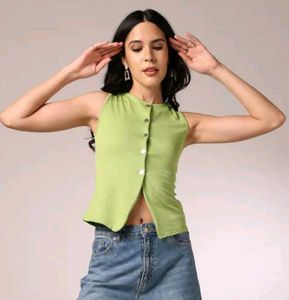 Green Button-Down Sleeveless Top
